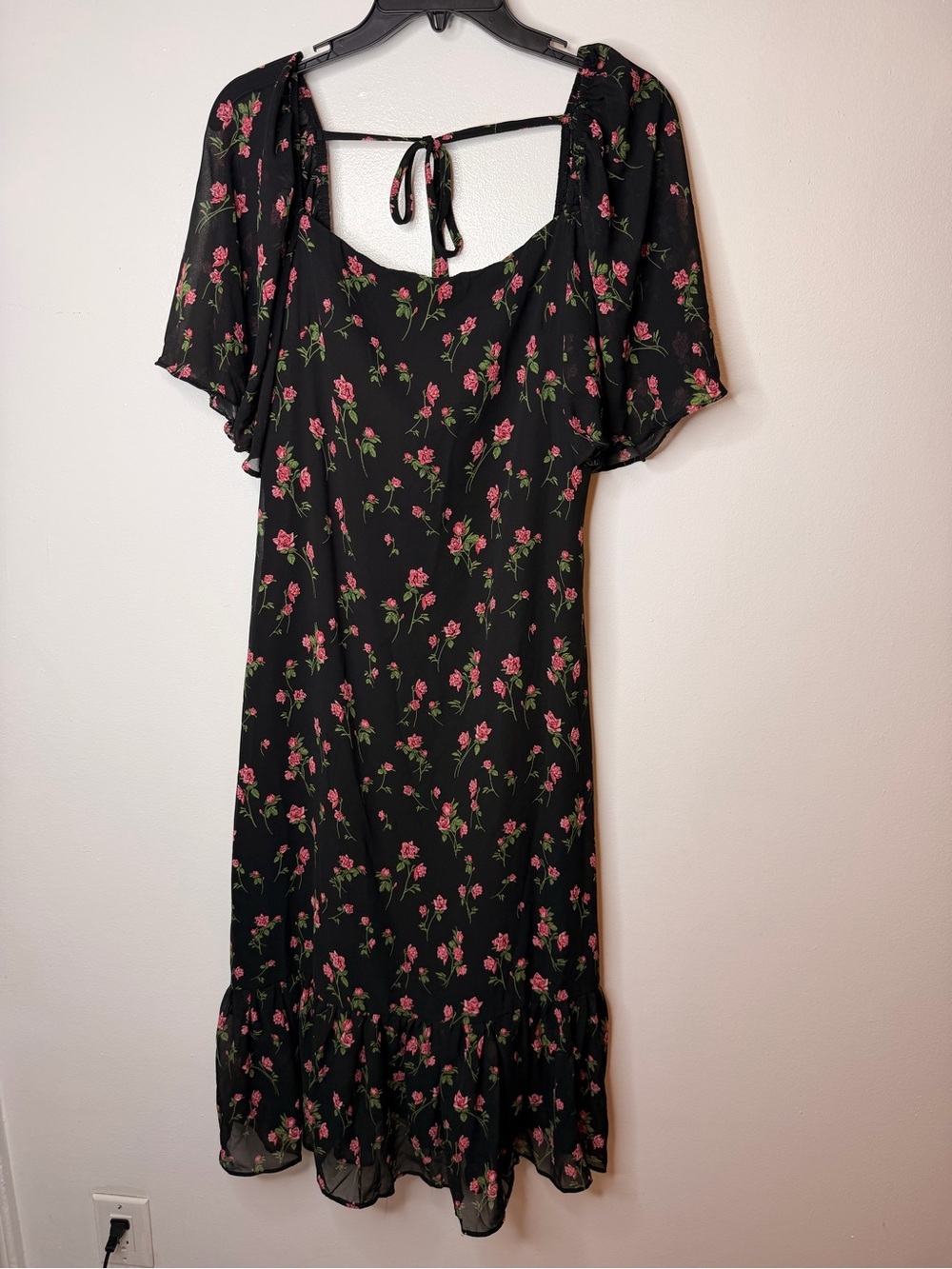 Black Midi Dress with Pink Rose Print and Flutter Sleeves
